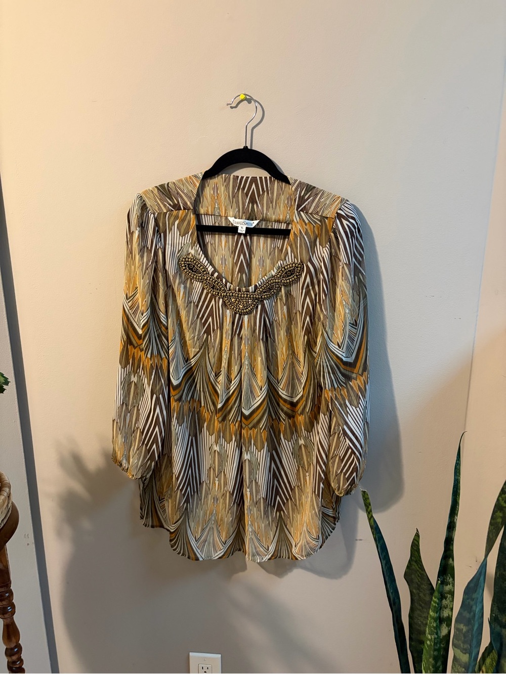 TravelSmith Beaded Neckline Geometric Print Blouse - Yellow/Brown
#0046